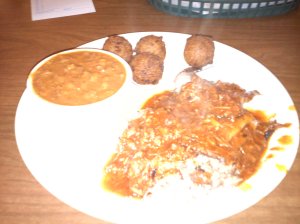 Beef and Pork Plate, with BBQ Beans and Hush Puppies